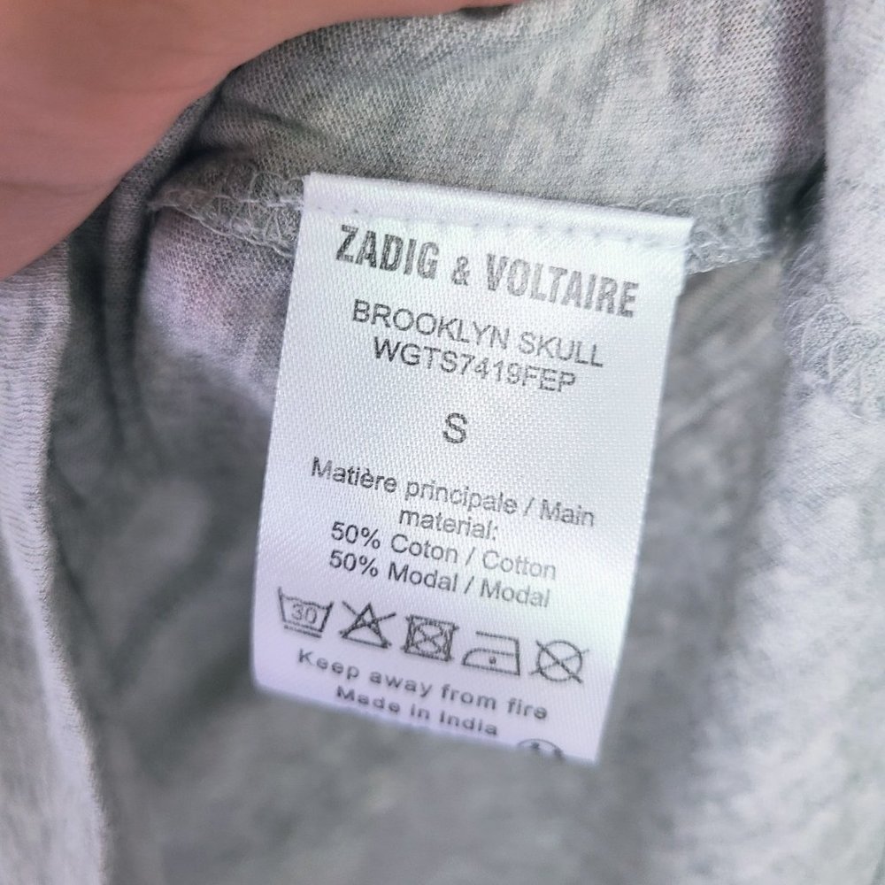 Zadig & Voltaire Brooklyn Skull Rhinestone Back Gray V-Neck Sleeveless Tee Small - Picture 7 of 9